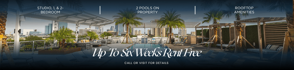 A promotional image for a property offering up to six weeks rent-free.